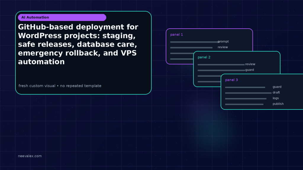 Generated visual related to GitHub-based deployment for WordPress projects: staging, safe releases, database care, emergency rollback, and VPS automation