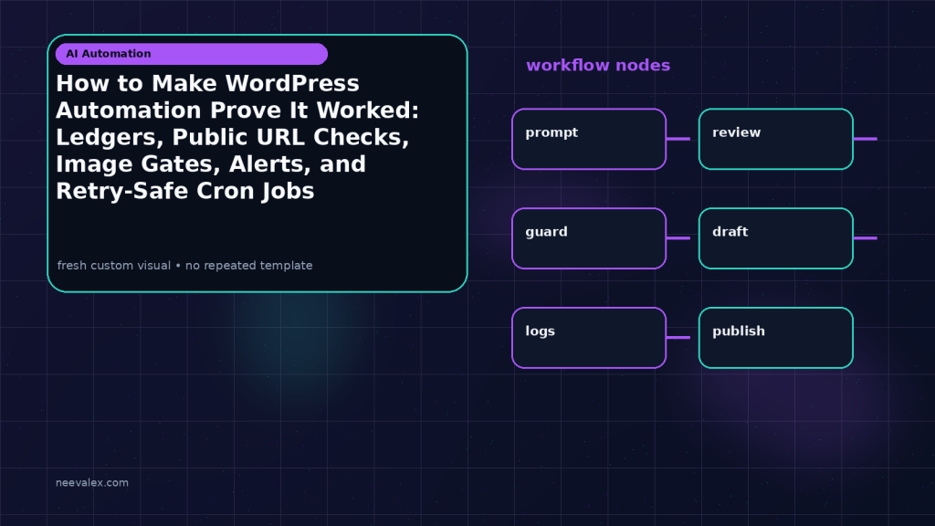 Generated visual related to How to Make WordPress Automation Prove It Worked: Ledgers, Public URL Checks, Image Gates, Alerts, and Retry-Safe Cron Jobs
