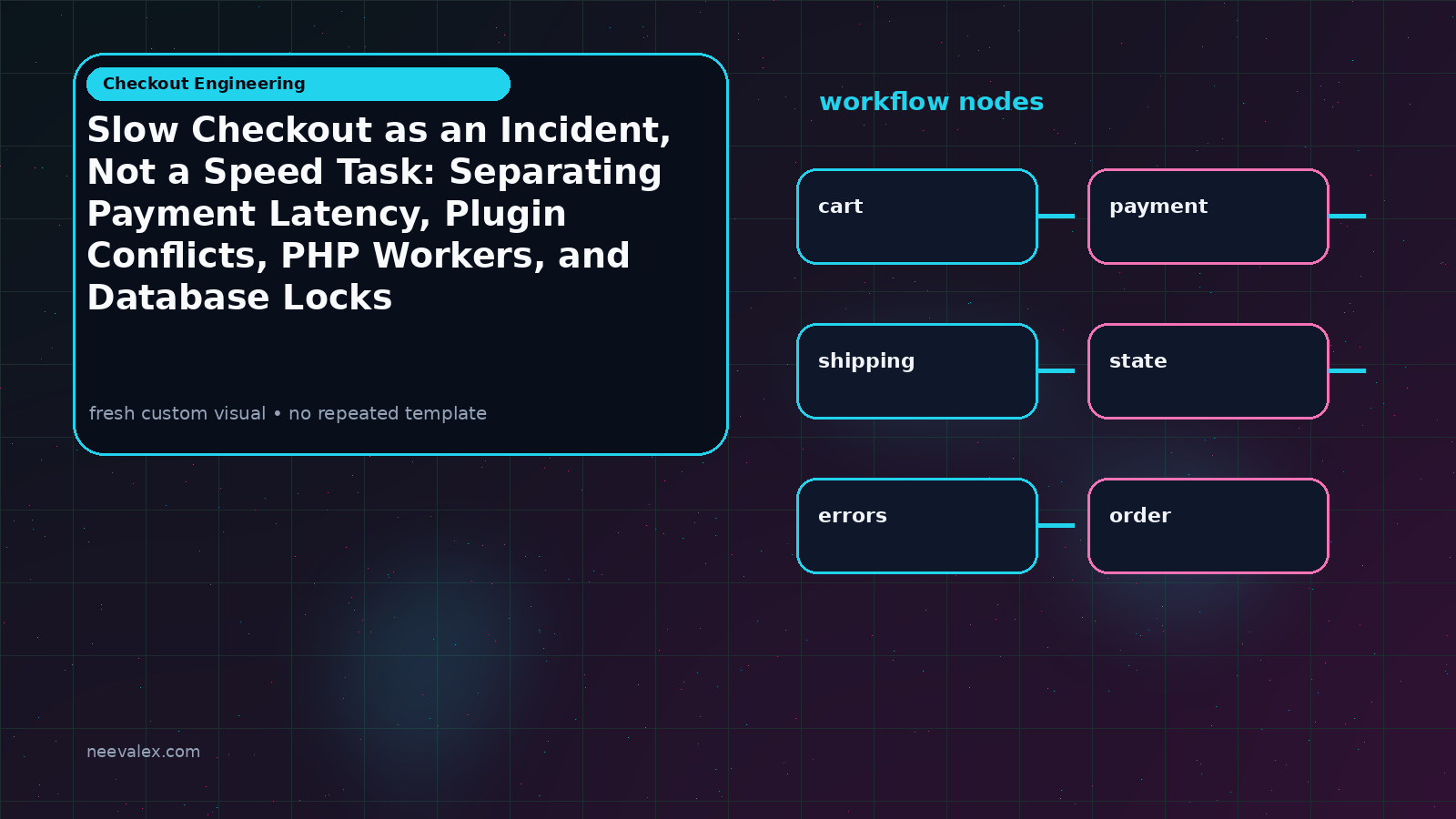 Workflow illustration for Slow Checkout as an Incident, Not a Speed Task: Separating Payment Latency, Plugin Conflicts, PHP Workers, and Database Locks