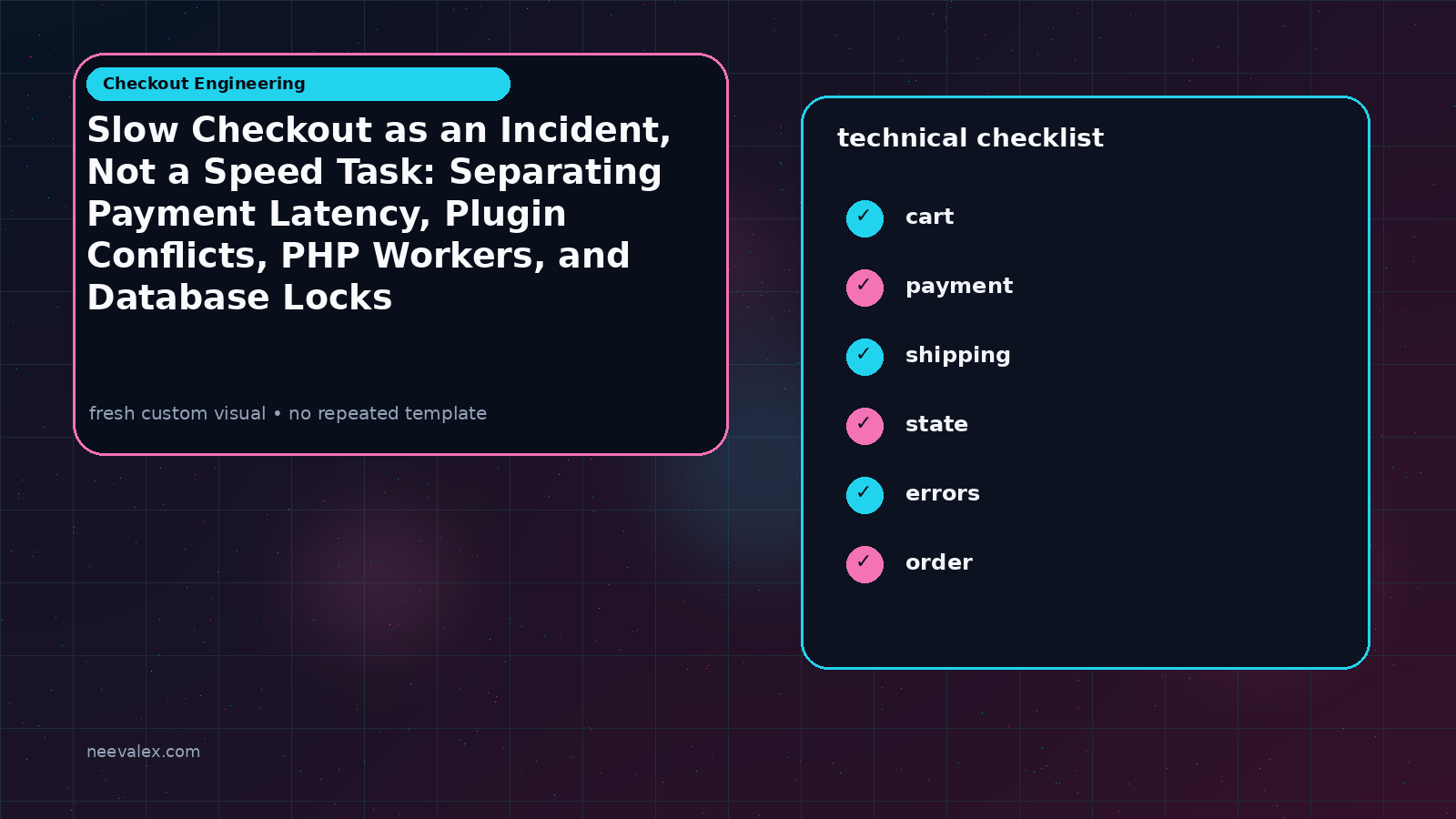 Visual example for Slow Checkout as an Incident, Not a Speed Task: Separating Payment Latency, Plugin Conflicts, PHP Workers, and Database Locks