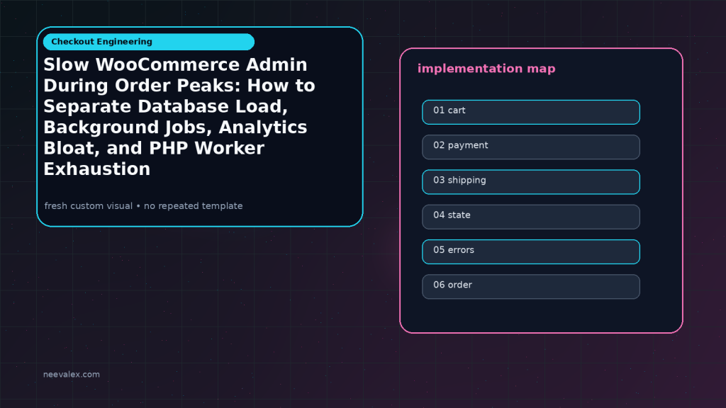 Generated visual related to Slow WooCommerce Admin During Order Peaks: How to Separate Database Load, Background Jobs, Analytics Bloat, and PHP Worker Exhaustion