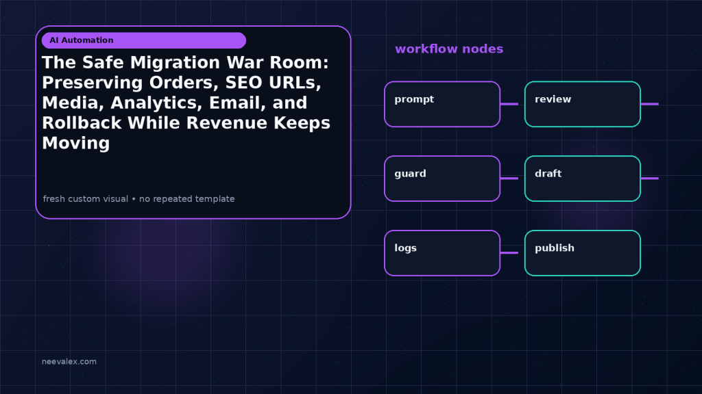 Generated visual related to The Safe Migration War Room: Preserving Orders, SEO URLs, Media, Analytics, Email, and Rollback While Revenue Keeps Moving