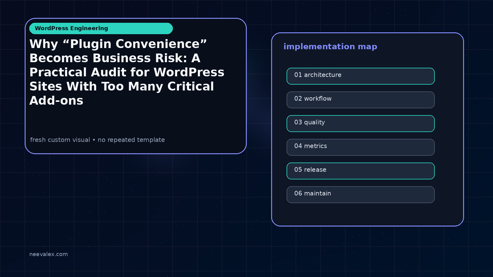 Visual example for Why “Plugin Convenience” Becomes Business Risk: A Practical Audit for WordPress Sites With Too Many Critical Add-ons