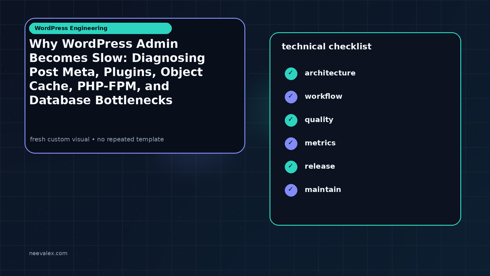 Visual example for Why WordPress Admin Becomes Slow: Diagnosing Post Meta, Plugins, Object Cache, PHP-FPM, and Database Bottlenecks