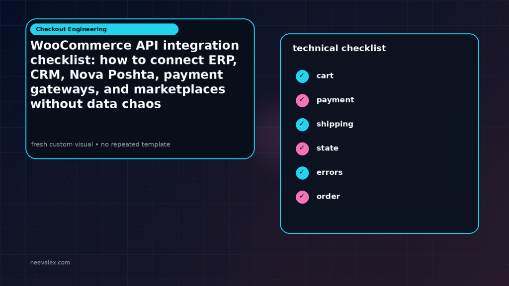 Generated visual related to WooCommerce API integration checklist: how to connect ERP, CRM, Nova Poshta, payment gateways, and marketplaces without data chaos