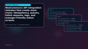 Generated visual related to WooCommerce API integration mistakes that create stock chaos: idempotency, queues, failed requests, logs, and manager-friendly status screens
