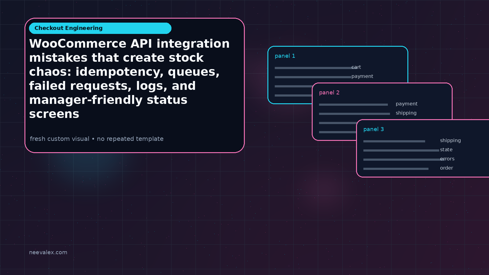 Main article image related to WooCommerce API integration mistakes that create stock chaos: idempotency, queues, failed requests, logs, and manager-friendly status screens