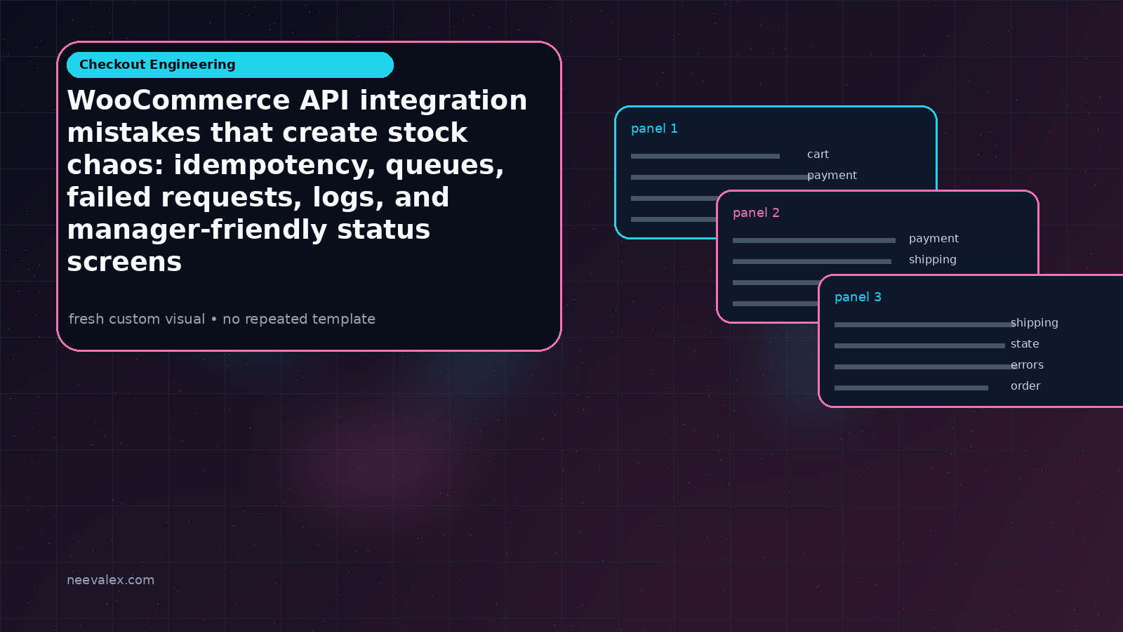 Visual example for WooCommerce API integration mistakes that create stock chaos: idempotency, queues, failed requests, logs, and manager-friendly status screens