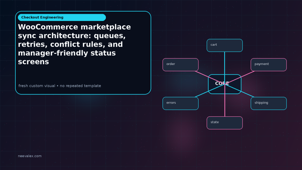 Generated visual related to WooCommerce marketplace sync architecture: queues, retries, conflict rules, and manager-friendly status screens