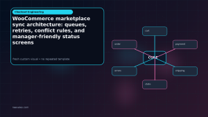Generated visual related to WooCommerce marketplace sync architecture: queues, retries, conflict rules, and manager-friendly status screens