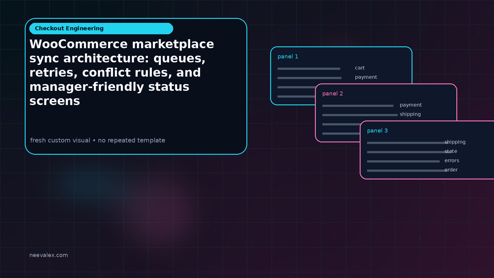 Workflow illustration for WooCommerce marketplace sync architecture: queues, retries, conflict rules, and manager-friendly status screens