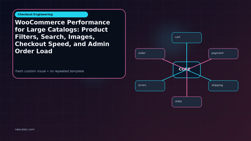 Generated visual related to WooCommerce Performance for Large Catalogs: Product Filters, Search, Images, Checkout Speed, and Admin Order Load