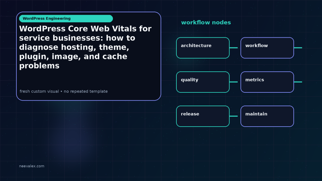 Generated visual related to WordPress Core Web Vitals for service businesses: how to diagnose hosting, theme, plugin, image, and cache problems