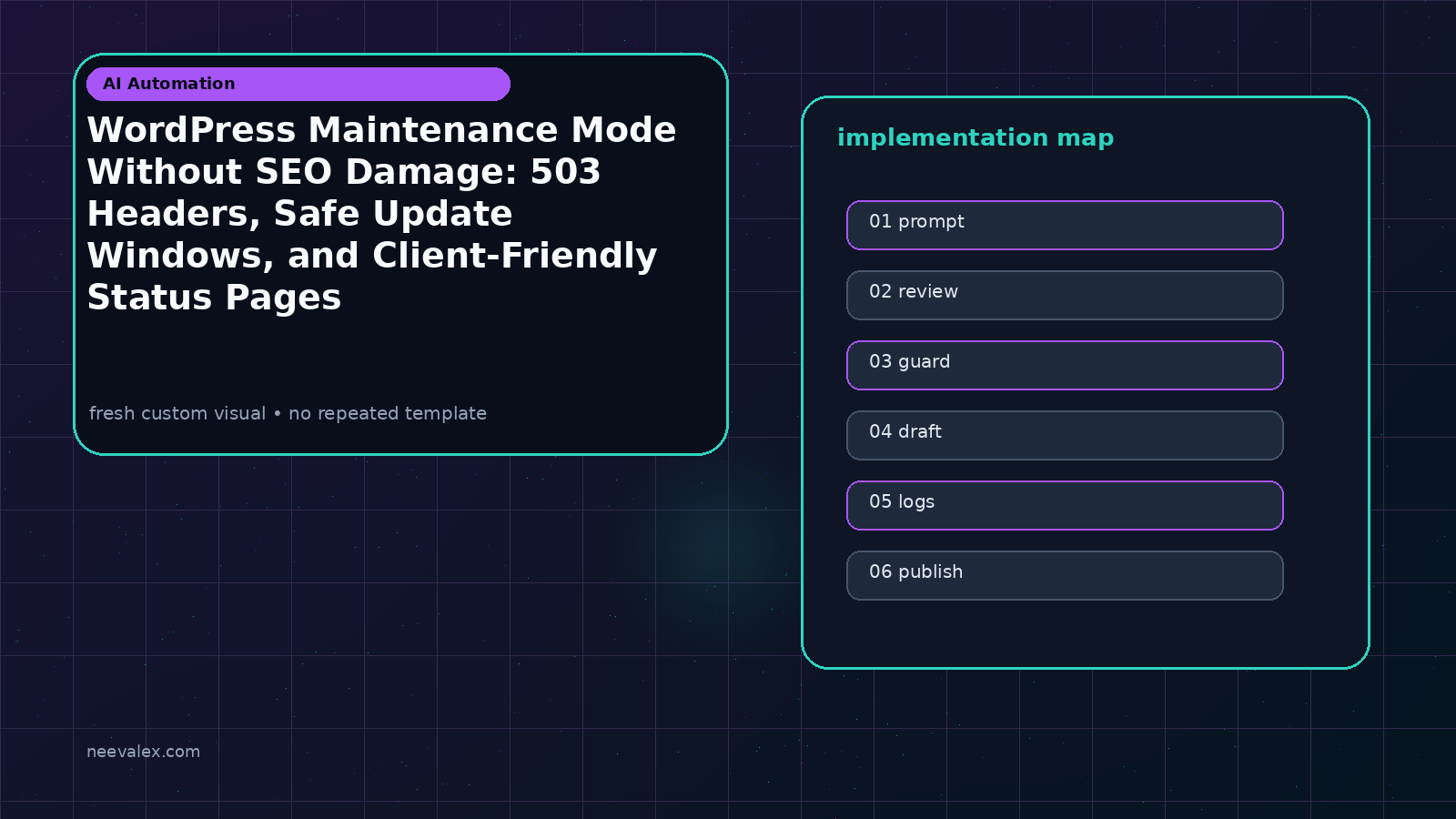 Visual example for WordPress Maintenance Mode Without SEO Damage: 503 Headers, Safe Update Windows, and Client-Friendly Status Pages