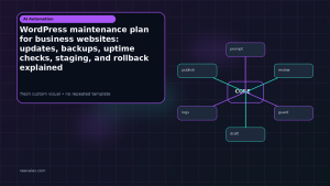 Generated visual related to WordPress maintenance plan for business websites: updates, backups, uptime checks, staging, and rollback explained