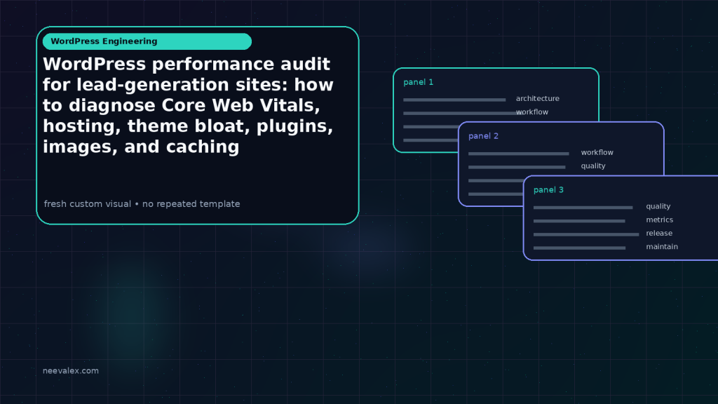 Generated visual related to WordPress performance audit for lead-generation sites: how to diagnose Core Web Vitals, hosting, theme bloat, plugins, images, and caching