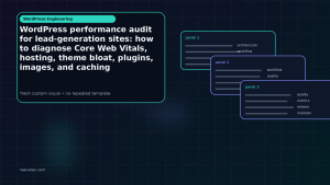 Generated visual related to WordPress performance audit for lead-generation sites: how to diagnose Core Web Vitals, hosting, theme bloat, plugins, images, and caching