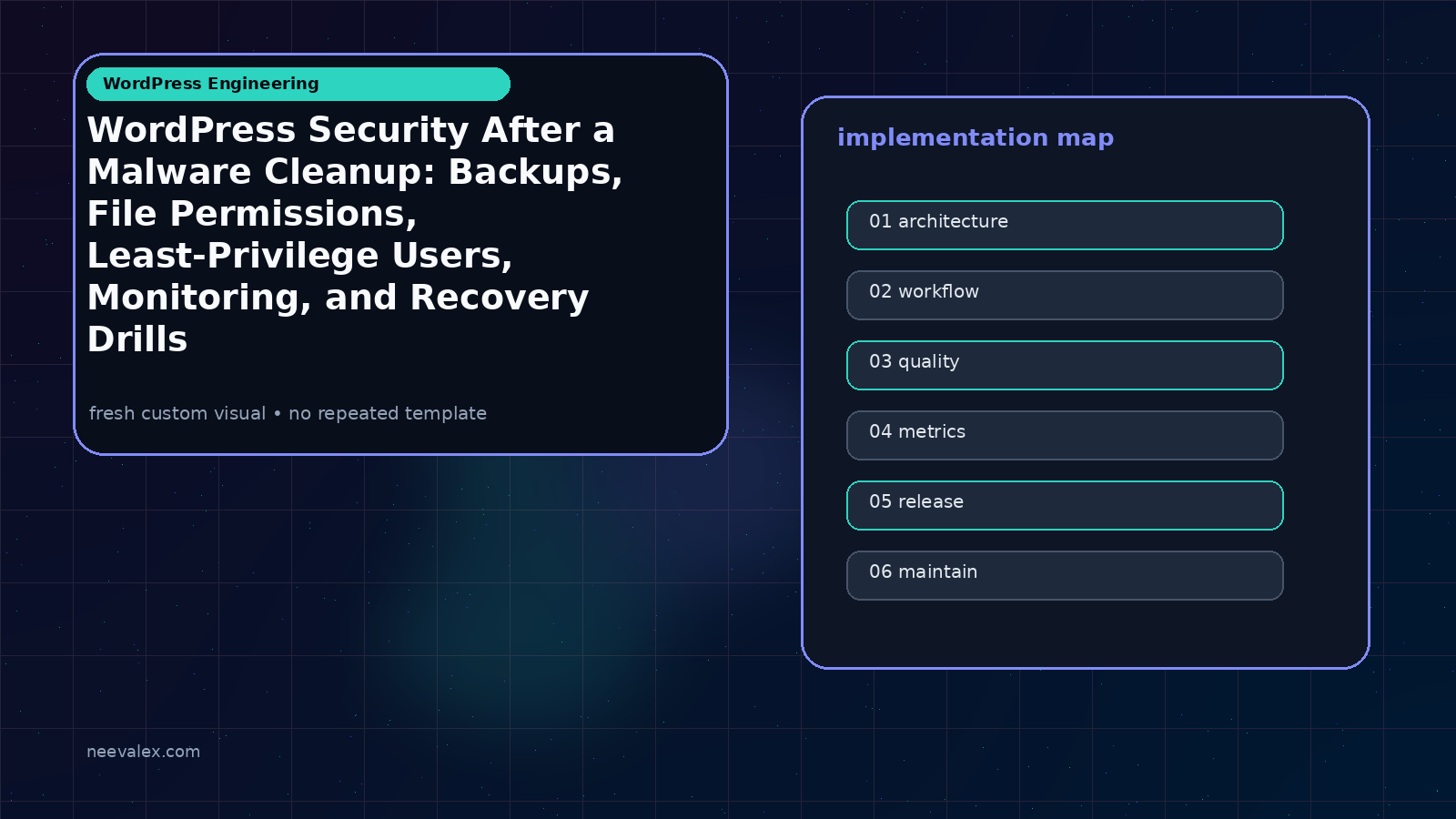 Visual example for WordPress Security After a Malware Cleanup: Backups, File Permissions, Least-Privilege Users, Monitoring, and Recovery Drills