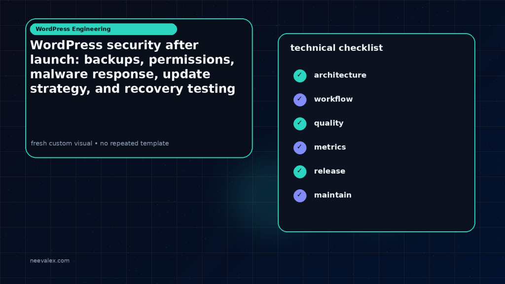 Generated visual related to WordPress security after launch: backups, permissions, malware response, update strategy, and recovery testing