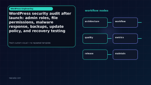 Generated visual related to WordPress security audit after launch: admin roles, file permissions, malware response, backups, update policy, and recovery testing